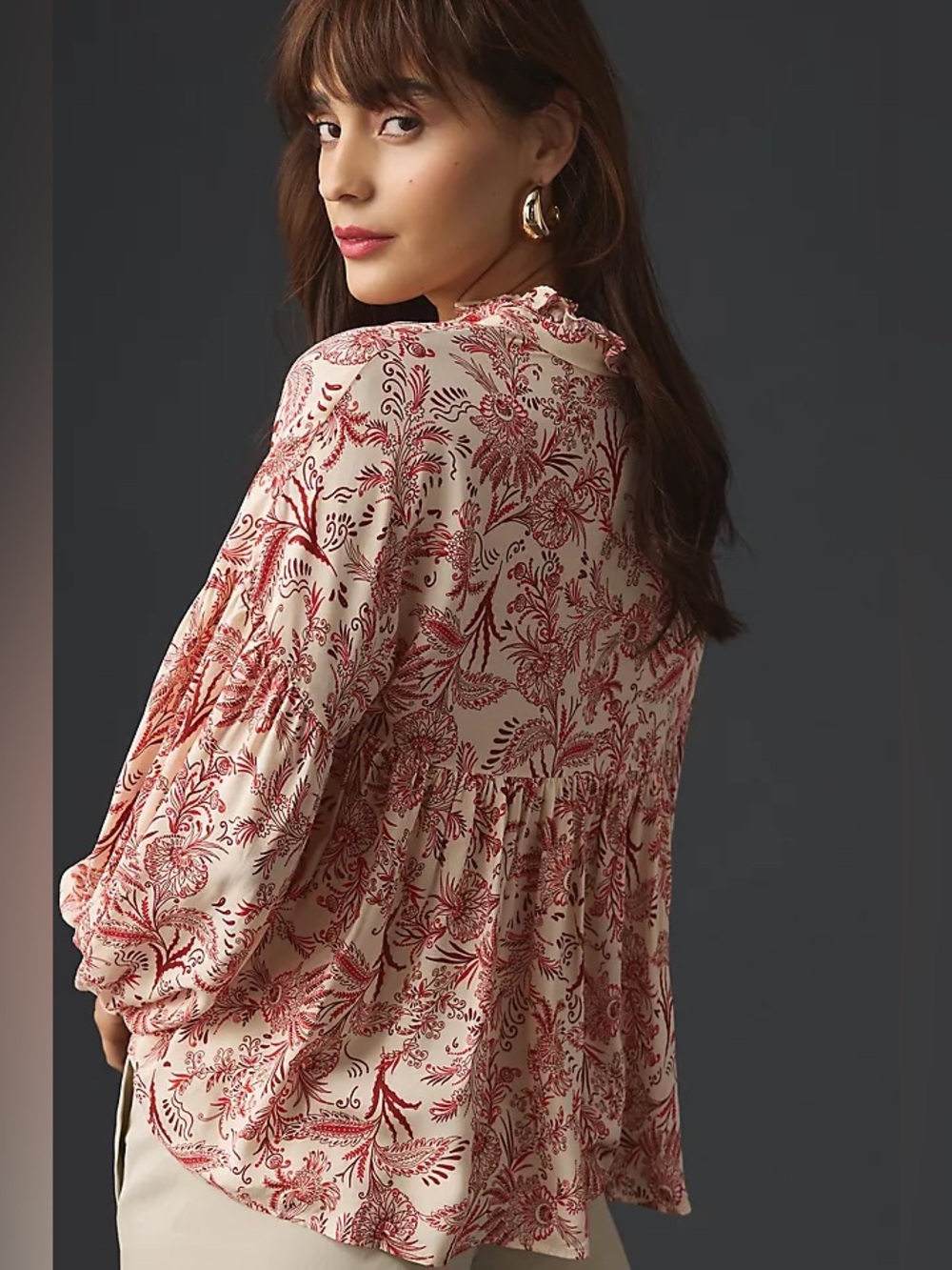 Anthropologie Cream Top with Red Floral Print
